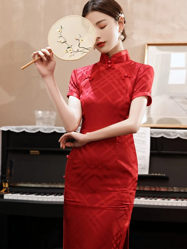 Stand Collar Vintage Print High Split Slim Fit Short Sleeve Cheongsam Maxi Dress