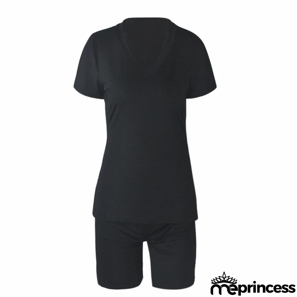 Plus Size Solid V Neck T Shirt And Shorts 2 Piece Sets