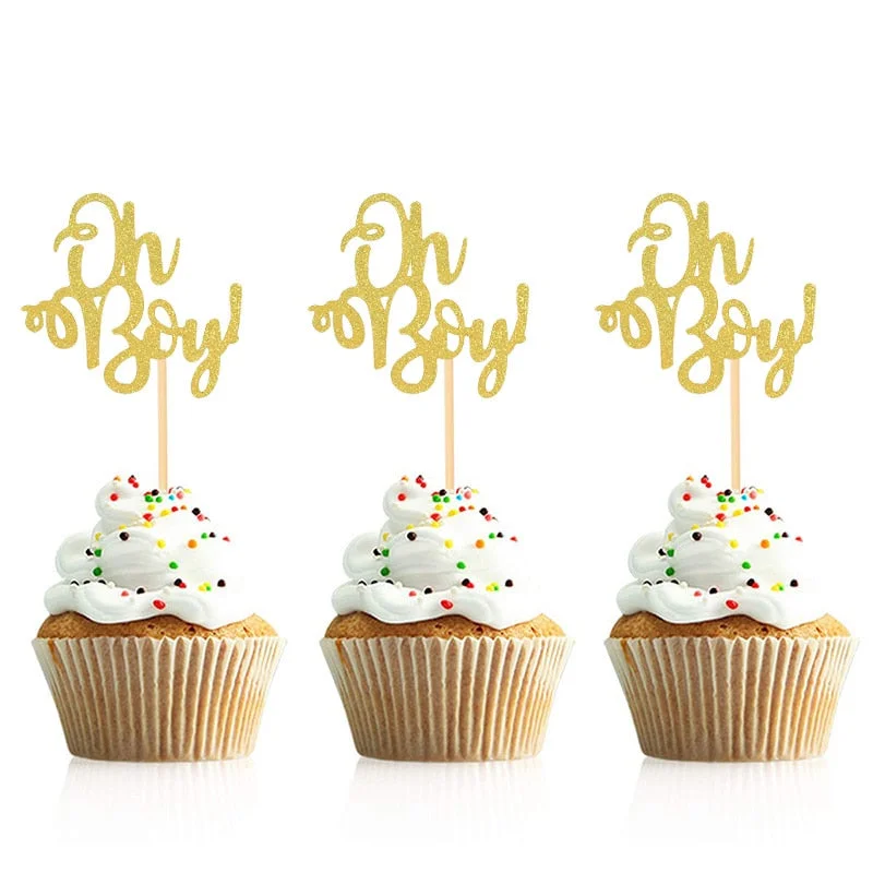 10Pcs Gold Oh Baby Cupcake Topper Boy Girl Baby Shower Gender Reveal Kids 1st Birthday Party Decoration Cake Decorating Supplies