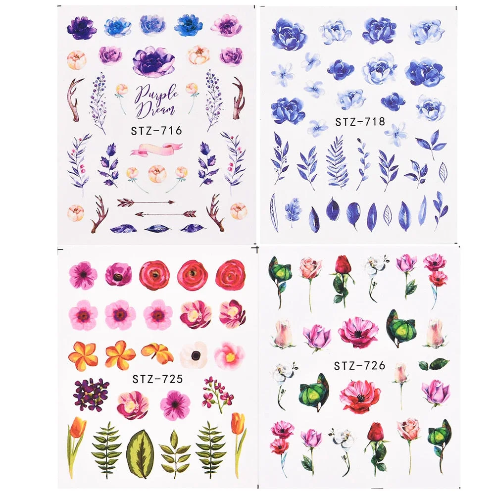 Coloful Flower Leaf 3D Stickers on Nails Decoration Tattoo Water Decals Nail Sticker UV Gel Slider Manicure Wraps-Nail Inspo
