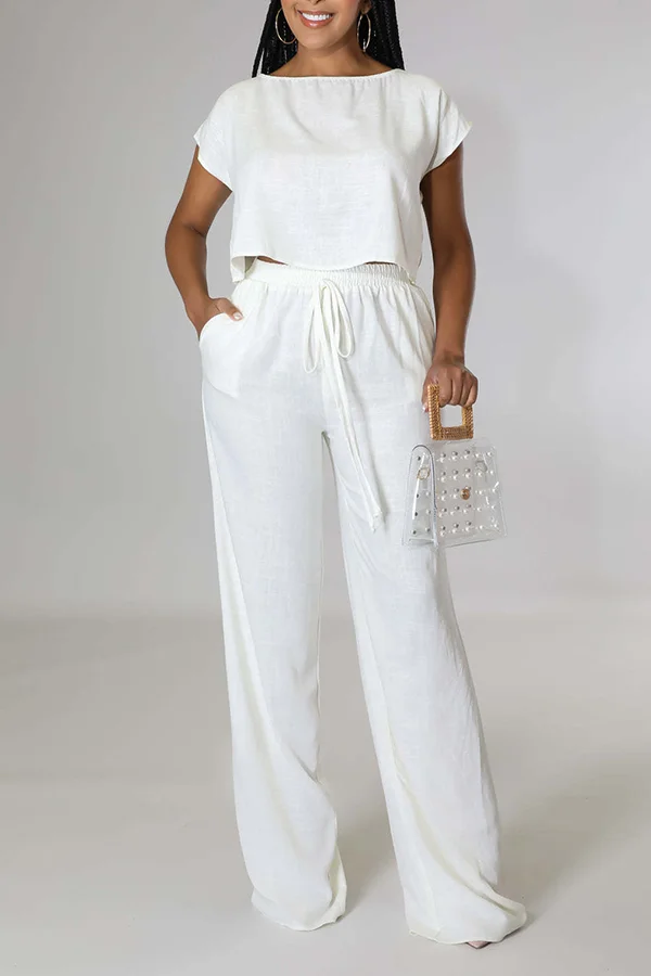 Linen T-Shirt & Drawstring Wide-Leg Pant Set