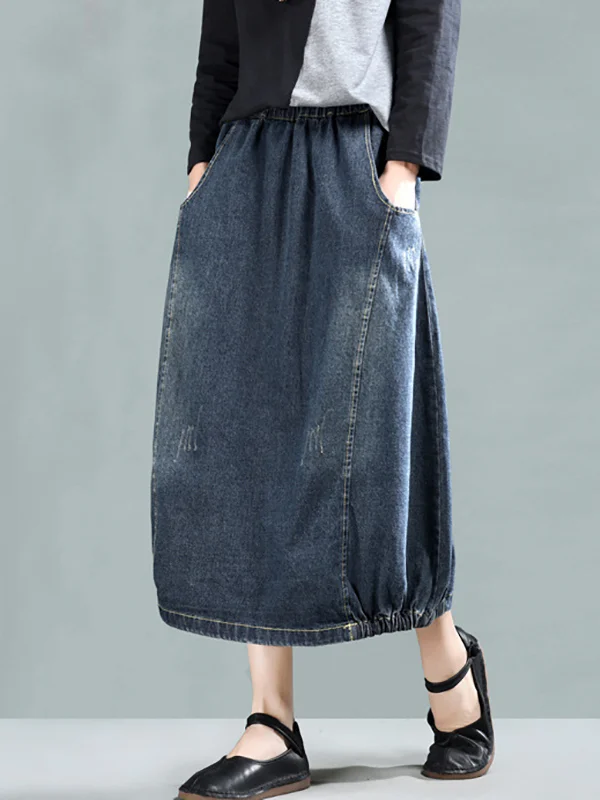 Vintage Loose A-Line Elasticity Solid Color Skirts Bottoms