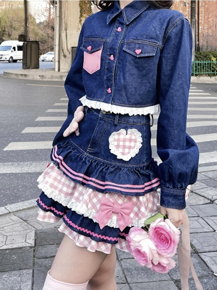 Lolita Gothic Lace Plaid Hearts Ruffles Jk Denim Skirt SP18367