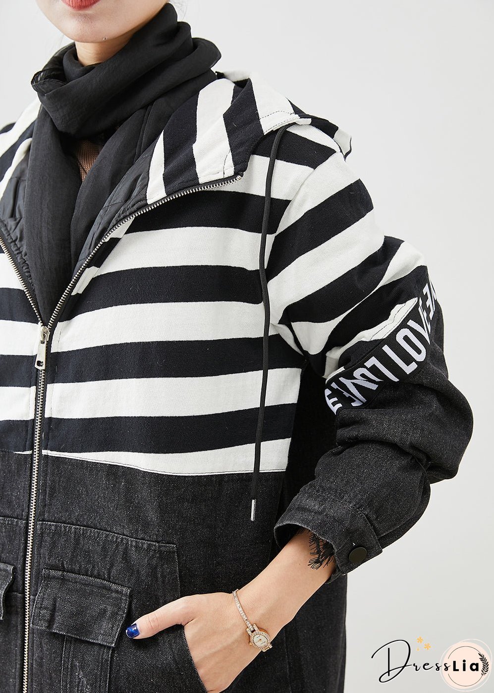 Plus Size Black Hooded Patchwork Striped Fine Cotton Filled Denim Jacket Witner