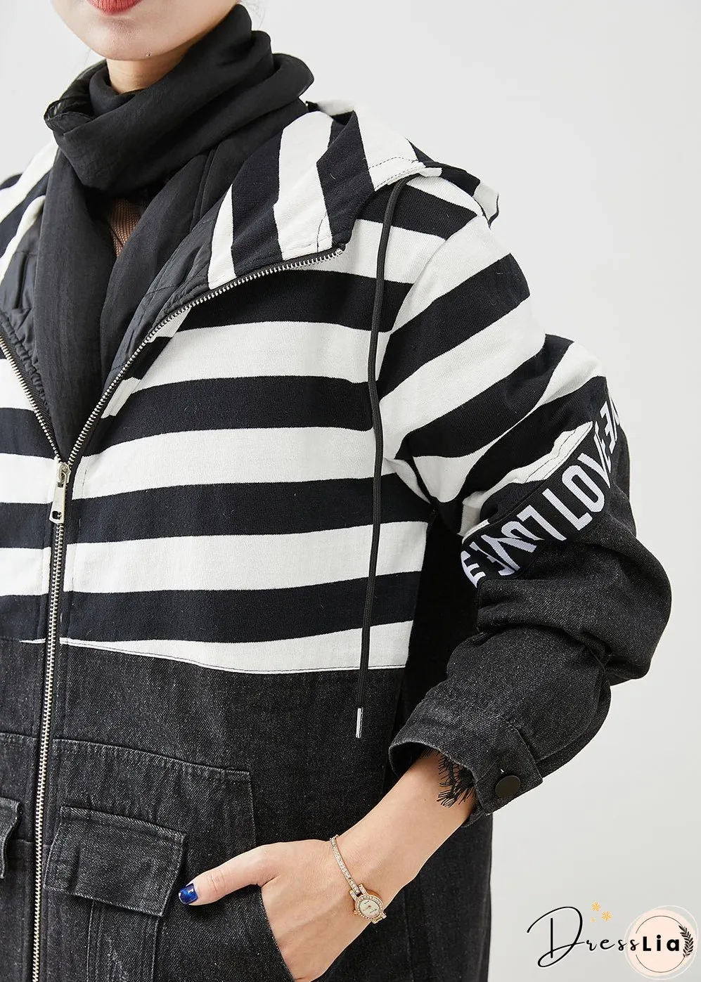 Plus Size Black Hooded Patchwork Striped Fine Cotton Filled Denim Jacket Witner
