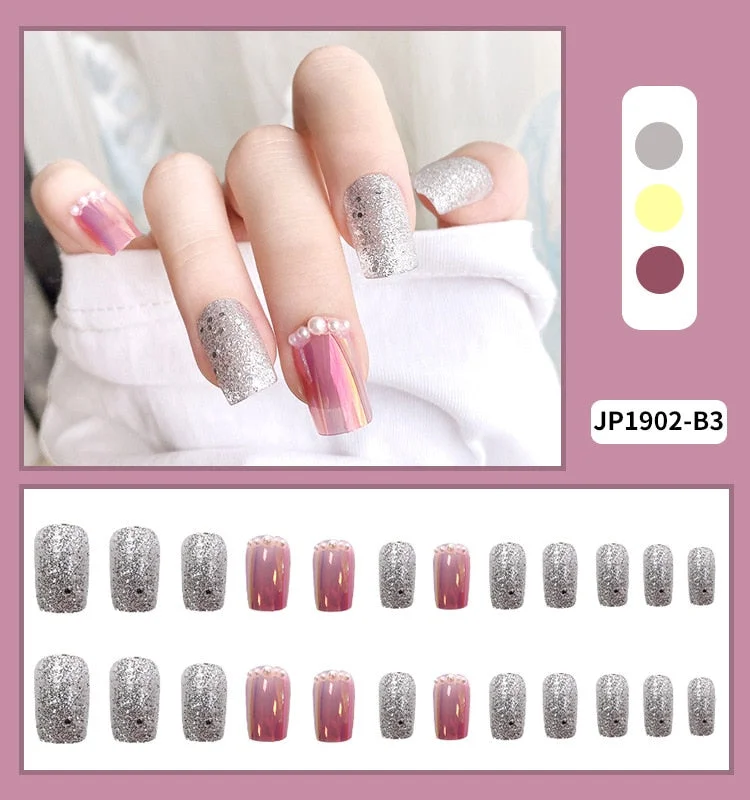 24pcs/set Acrylic Fake Nails Full Cover False Nail Art Tips 10 Sizes Fashion Designs With Nail Adhesive Sticker Coffin Nails