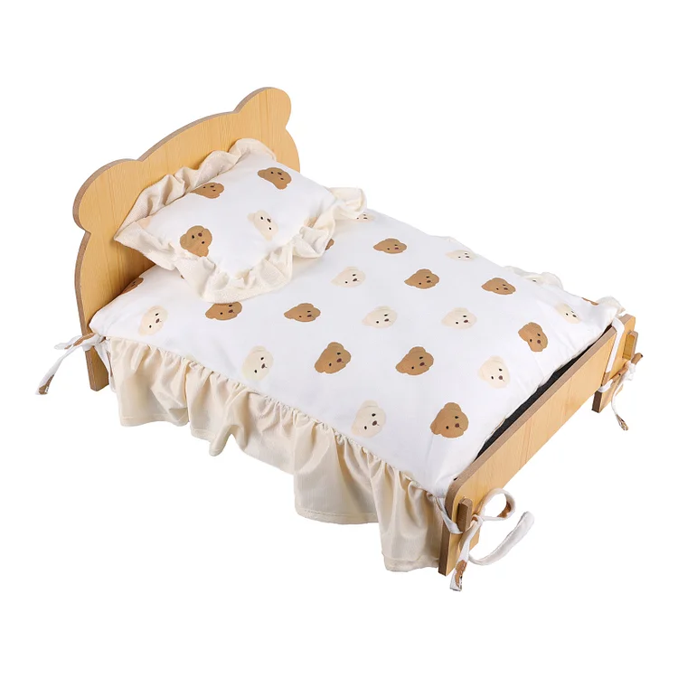  For 12"-20" Reborn Baby Doll Wood Sleeping Bed with Little Bear Pattern Pillow and Mattress Bed Set Accessories - Reborndollsshop®-Reborndollsshop®
