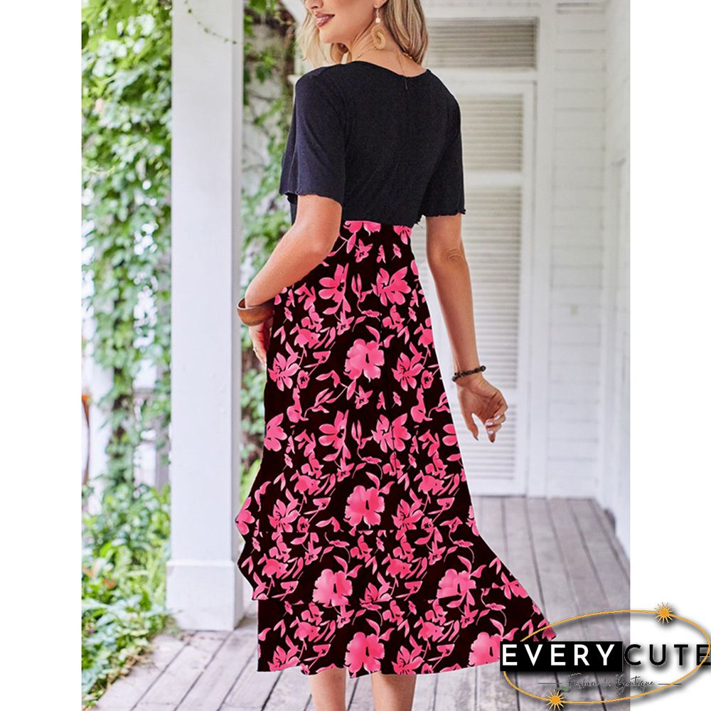 Purple Floral Print Splicing V Neck Dress with Slit