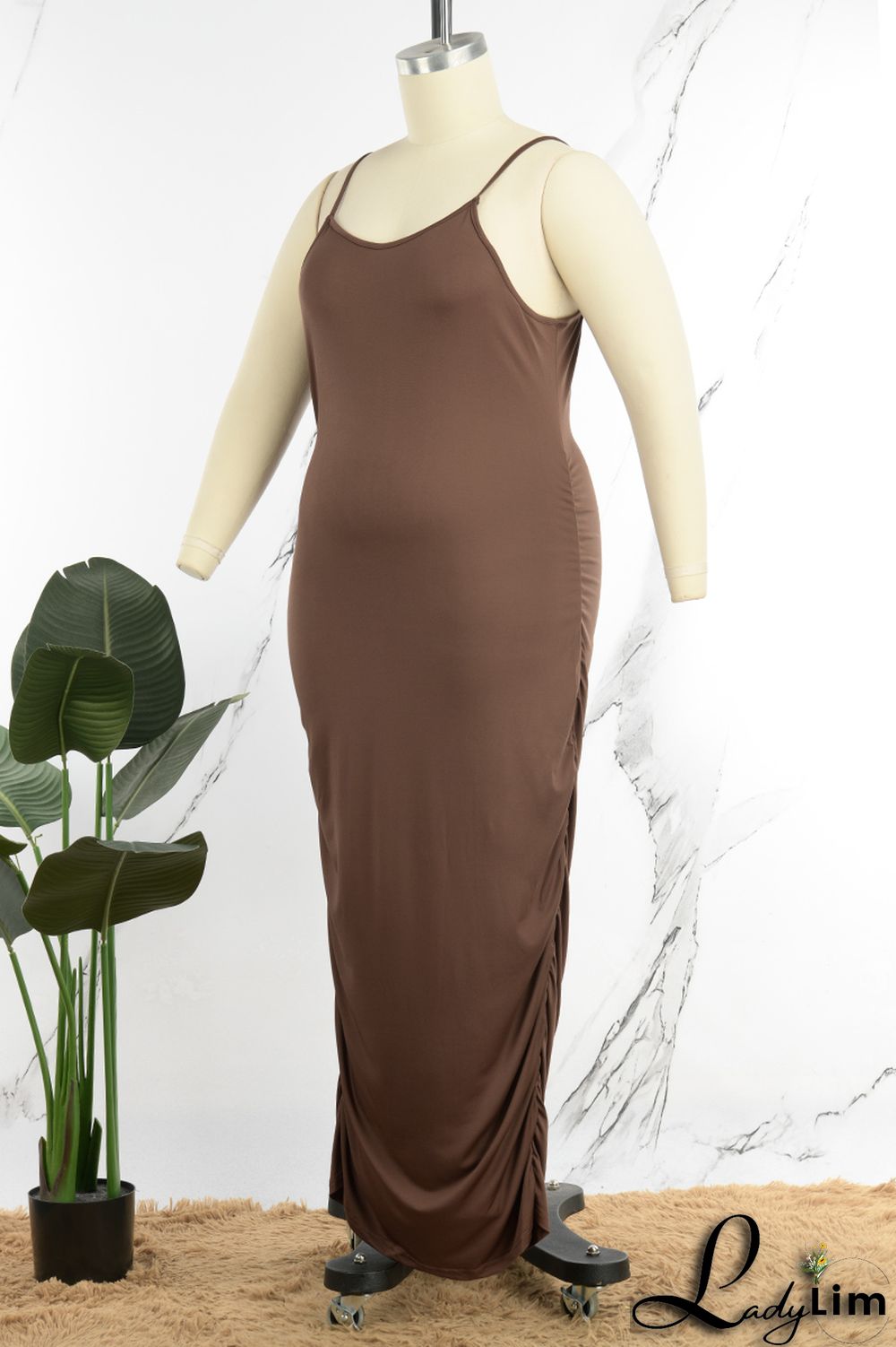 Dark Brown Sexy Solid Patchwork Spaghetti Strap One Step Skirt Plus Size Dresses