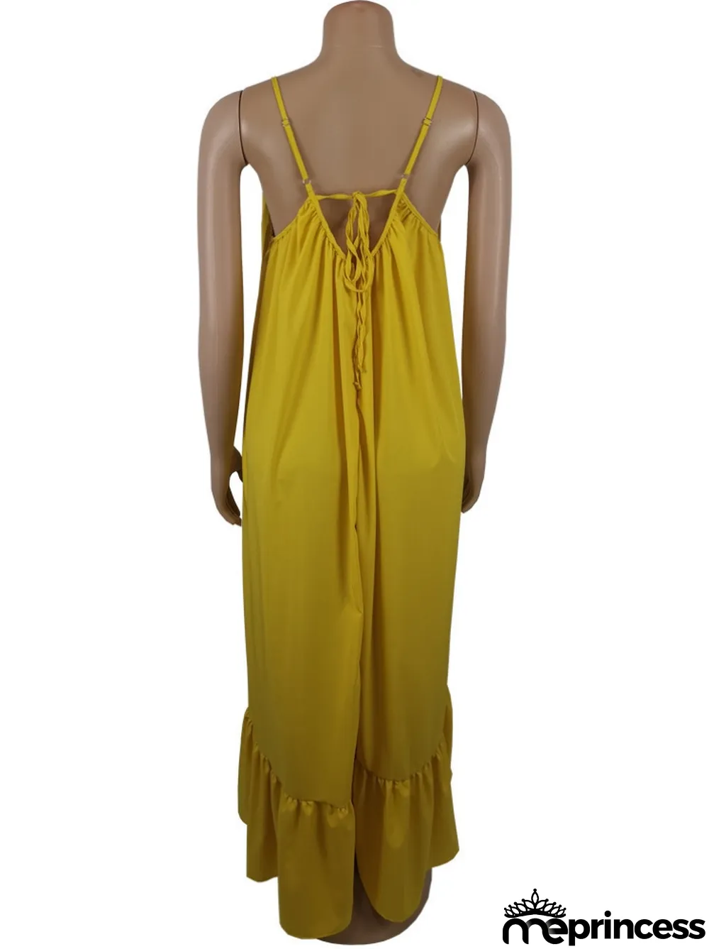 Women Summer Yellow Strap Solid Color Boho Swing Long Maxi Dress