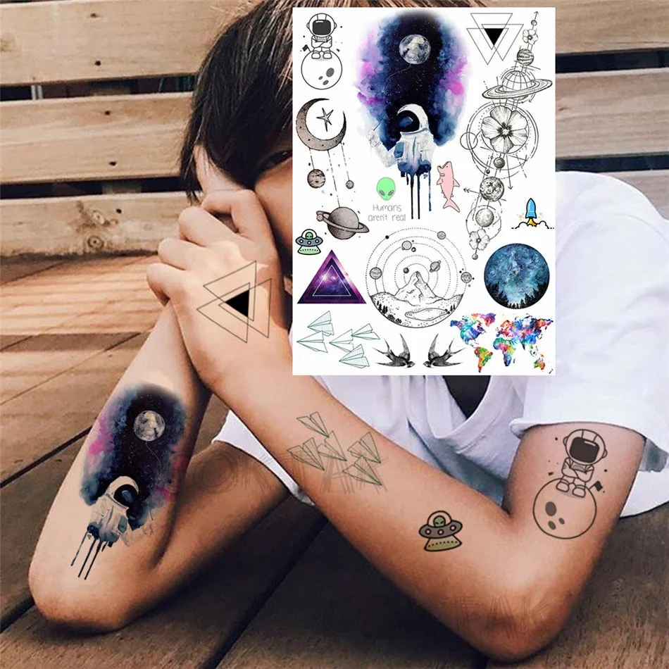 Realistic Fake Black Animal Temporary Tattoos Sticker For Men Women Geometric Wolf Outer Space Tatoo Temporary Decal For Kids