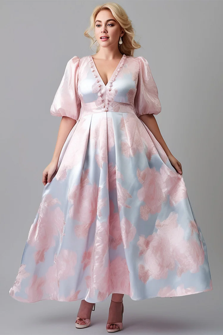 Flycurvy Plus Size Wedding Guest Pink Satin Jacquard Lantern Sleeve Neckline Decor Maxi Dress  Flycurvy [product_label]