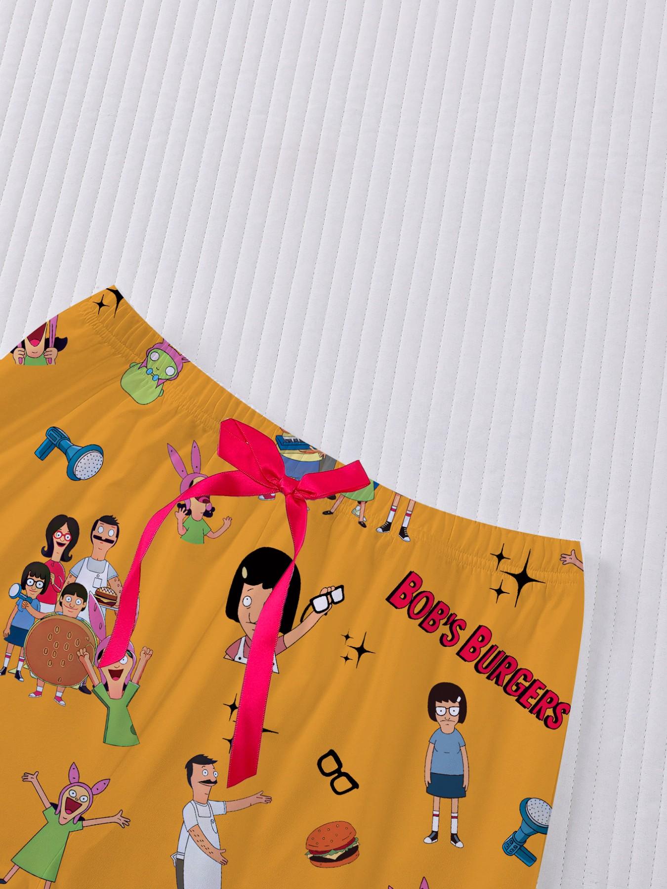 Women's Bob's Burgers Cartoon All-Over Print Pajama Set, Short-Sleeve & Long Shorts Loungewear, Three-Piece Sleepwear, Matching Pajamas