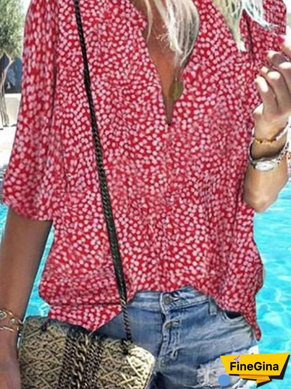 Women V-neck Short Sleeve Polka Dot Printed Top