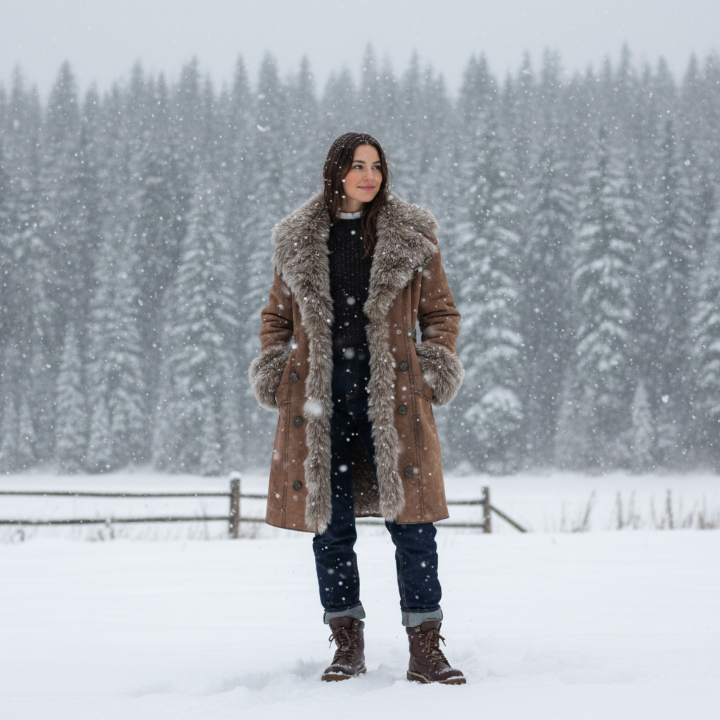 Women's Vintage Suede Coat With Fur Collar