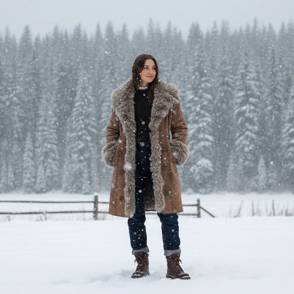 Women's Vintage Suede Coat With Fur Collar