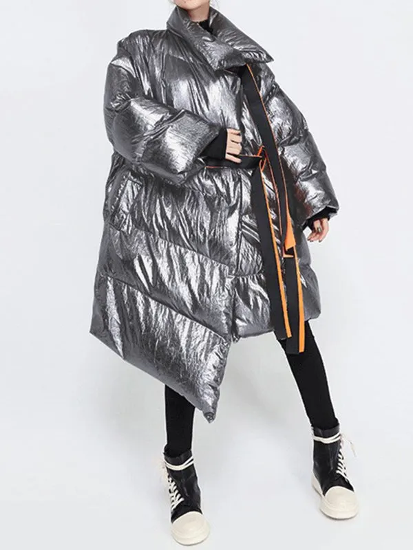 Long Sleeves Loose Asymmetric Keep Warm Tied Velvet High Neck Padded Coat Padded Coat/Down Coat