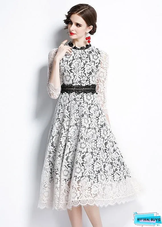 Women White O-Neck Patchwork Lace Party Dress Bracelet Sleeve