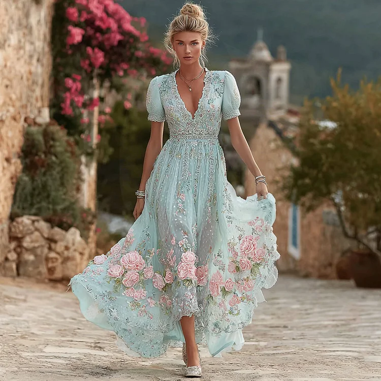 Women's Vintage Bohemian Floral Embroidery Casual Short Sleeve Dress