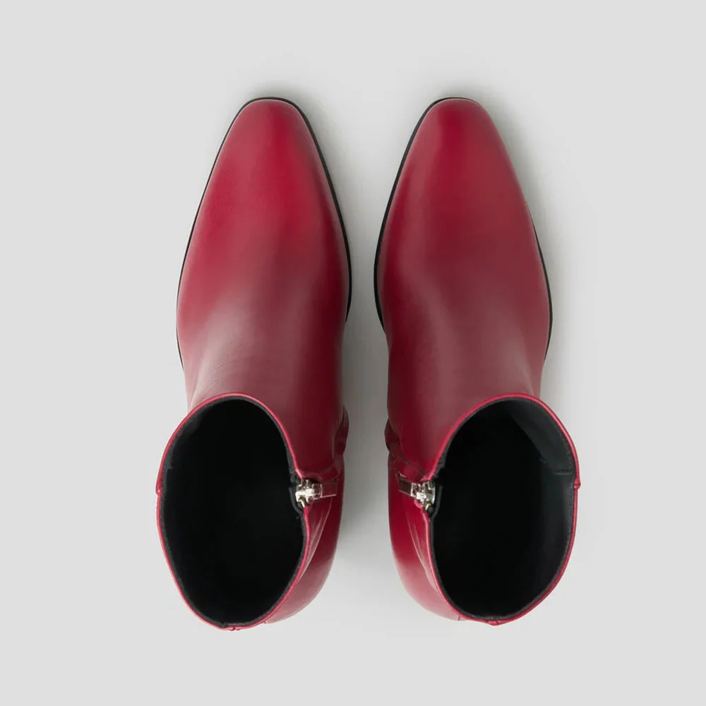 Women's Red Almond Toe Chunky High Heel Ankle Boots with Zipper