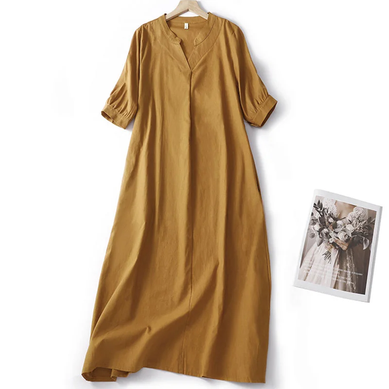 Literary Japanese style V-neck loose cotton linen gown