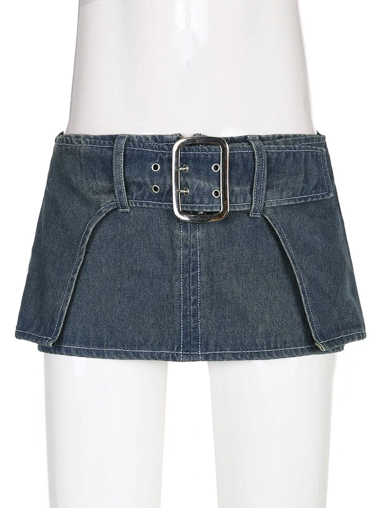 Rockmore y2k Super Short Jean Skirts Belt Design Fashion Sexy Low Waisted Mini Skirts Women Summer Beach Party Skirts 90s Retro