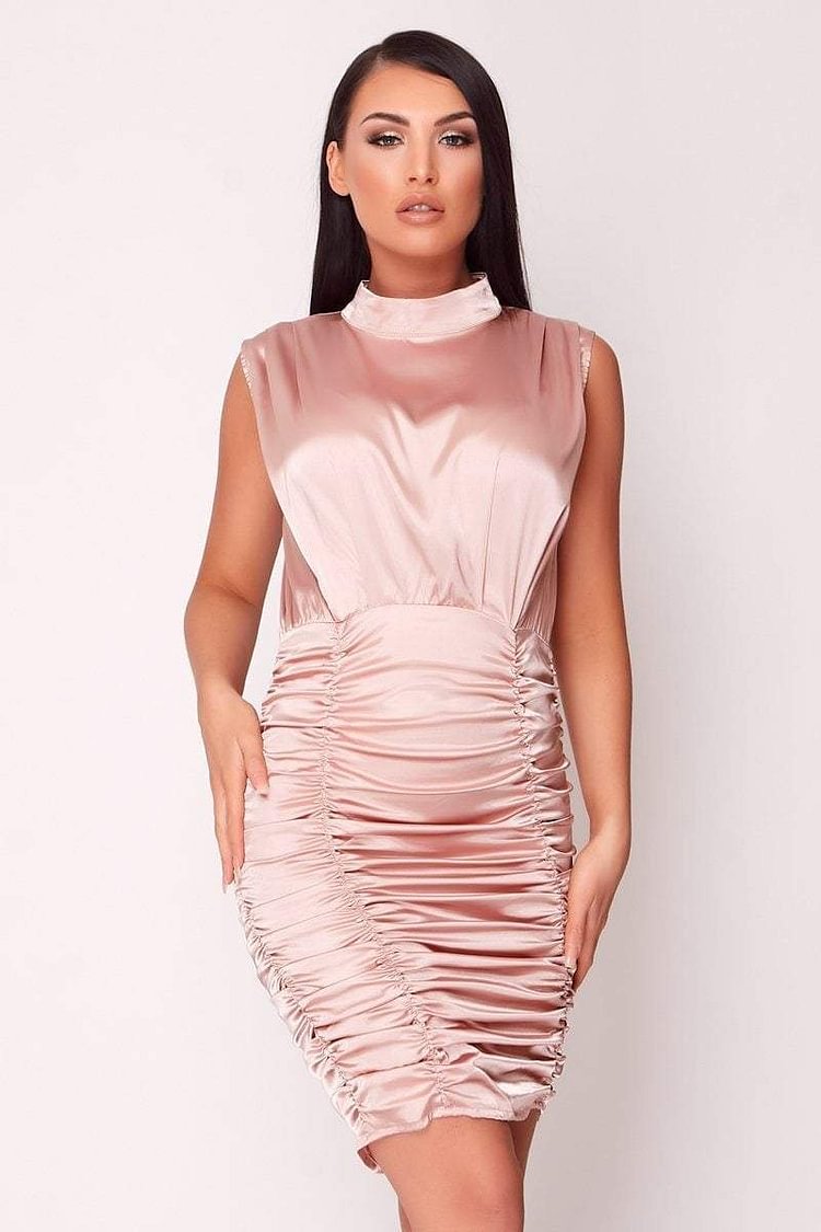 Baby Pink Ruched Front Satin Mini Dress Katch Me