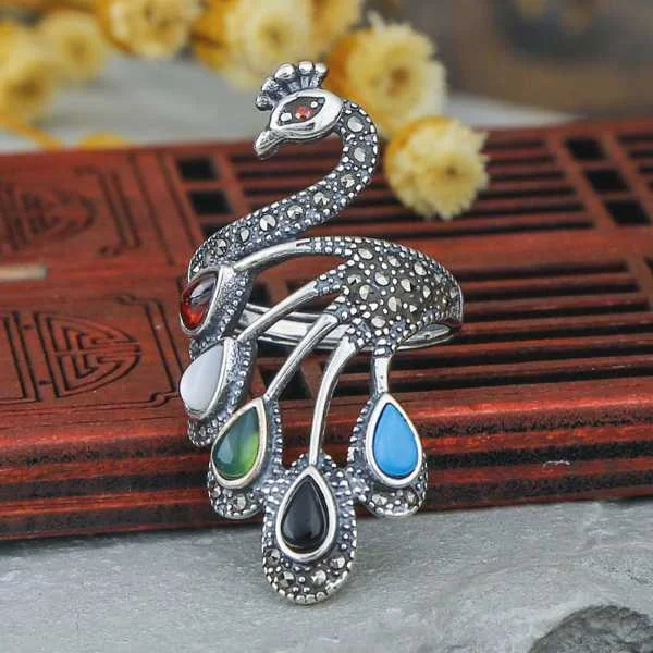 Sterling Silver Peacock Phoenix Auspicious Ring