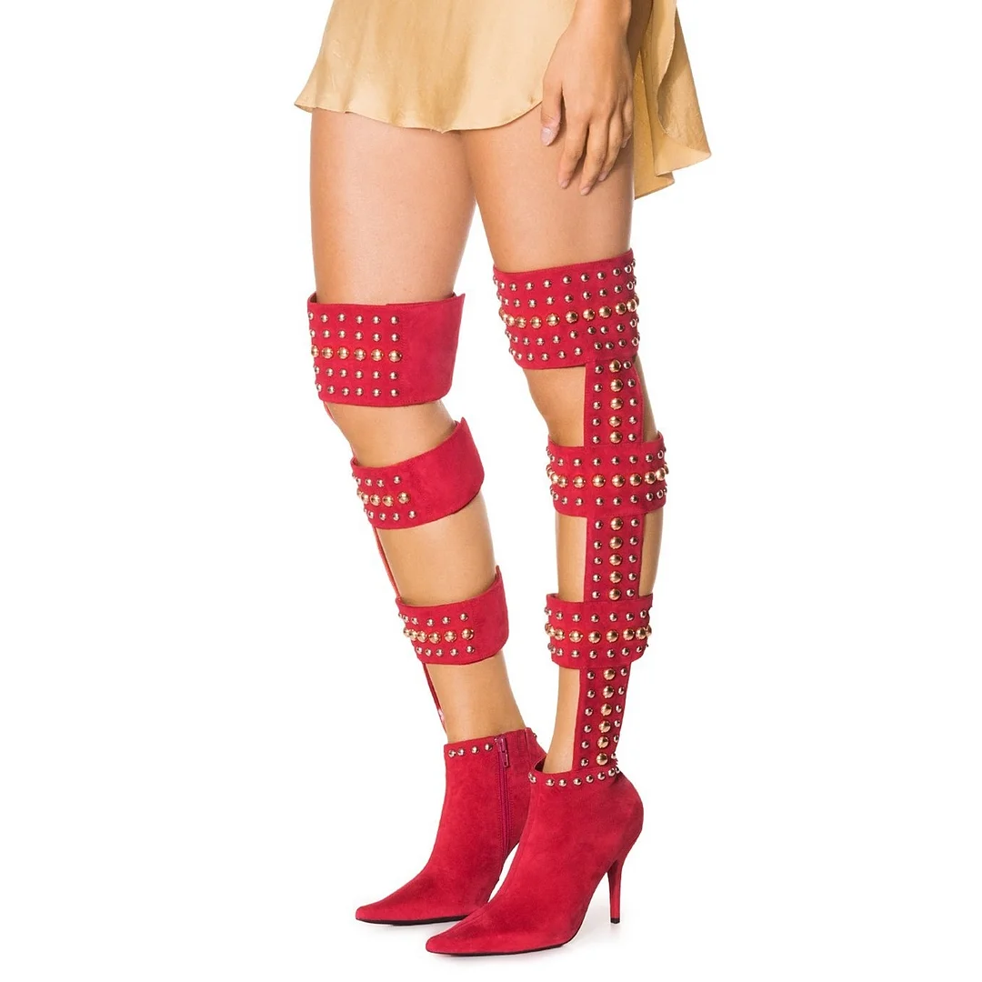 Red Pointy Toe 4" Stiletto Heel Gladiator Knee-High Boots with Studs Nicepairs