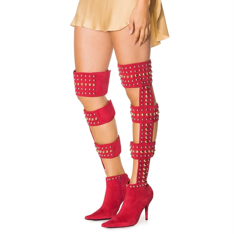 Red Studded Gladiator Boots Knee Over Summer Boots |FSJ Shoes