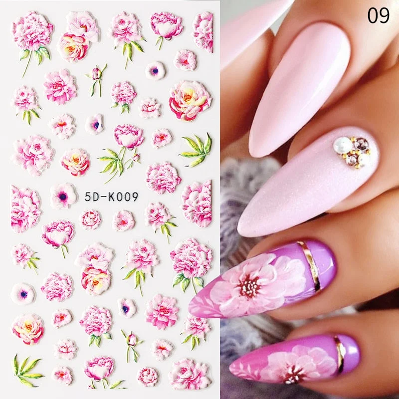 1PC French 5D Nail Sticker Embossed Flower Bubble Pattern Self-Adhesive Slider Wedding Design Nails Decals Nail Art Decoration-Nail Inspo