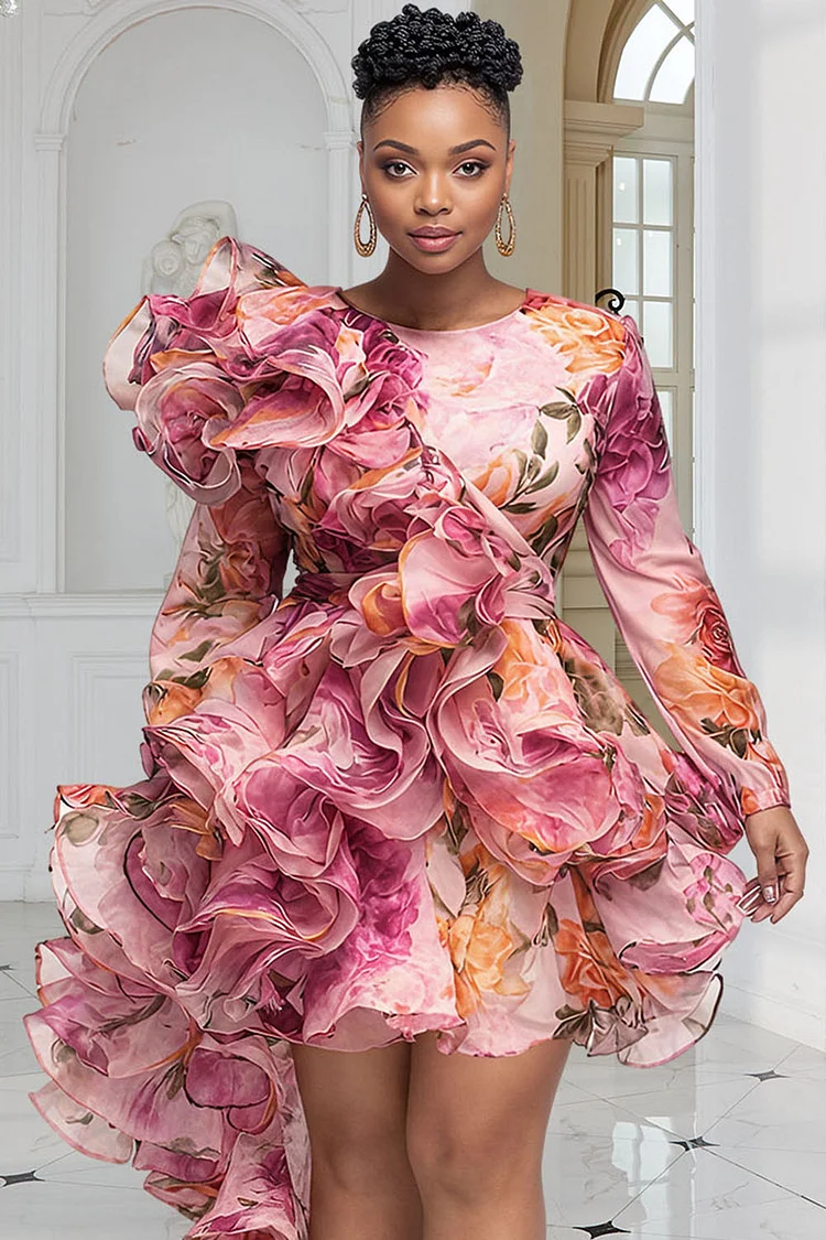 Xpluswear Design Plus Size Party Pink Floral Round Neck Long Sleeve Ruffle Elegant Mini Dresses [Pre-Order]