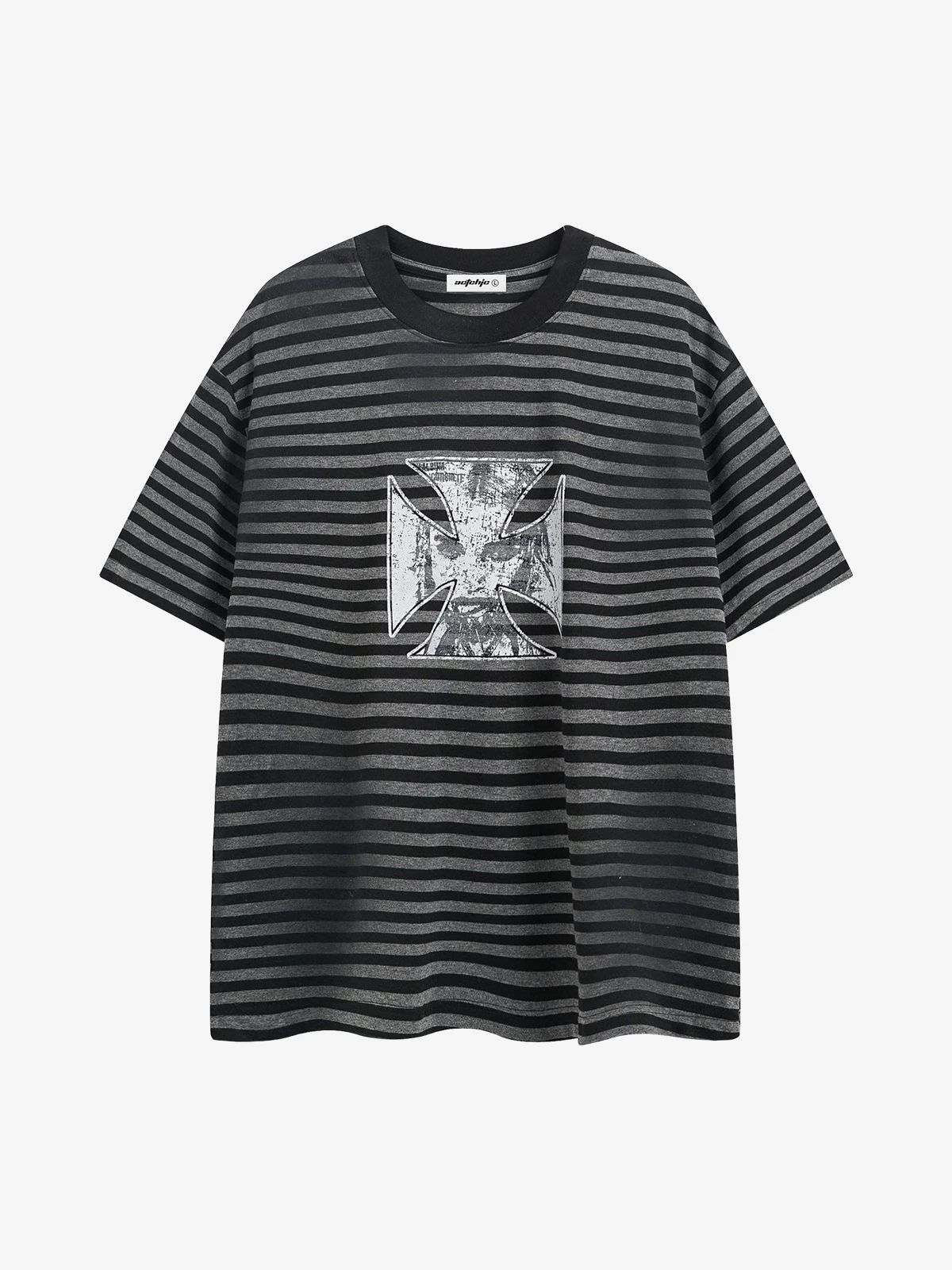 Black Act Chic Dirty Dye Color Block Stripe Cross Print Tee Front