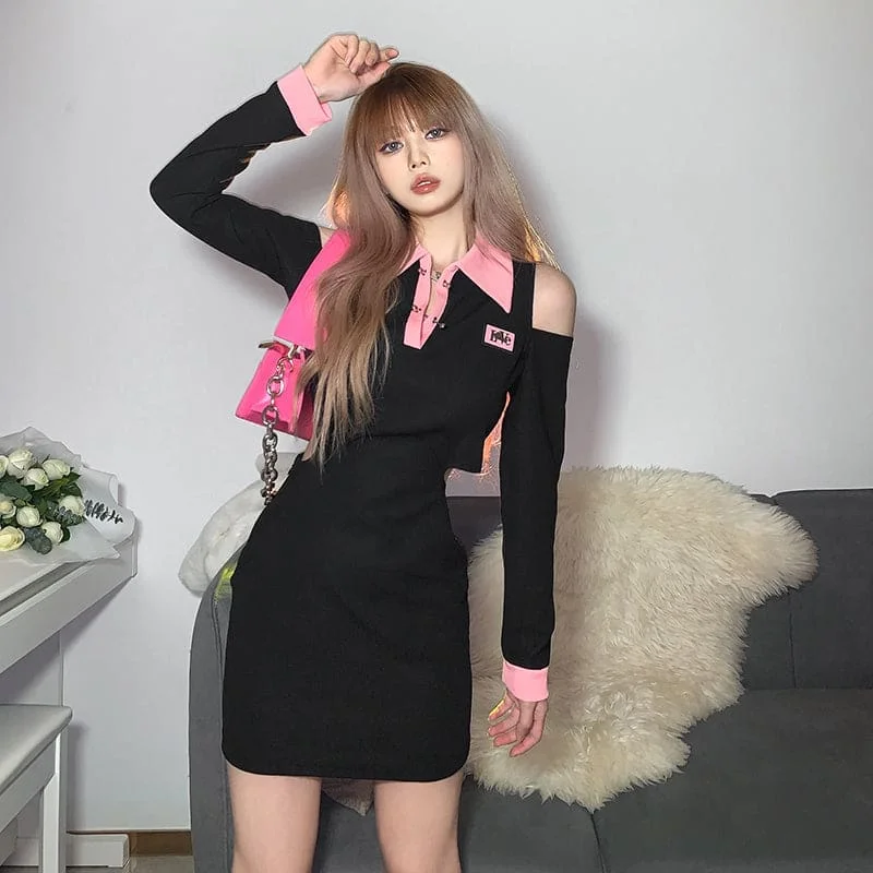 Fashion Black Pink Hollow Out Shoulder Dress ON02