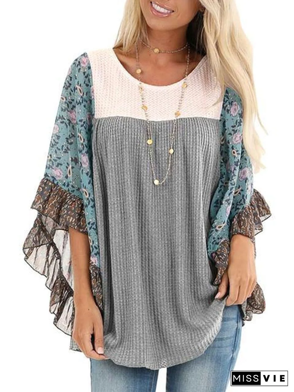 Floral Chiffon Sleeve Waffle Knit Blouse