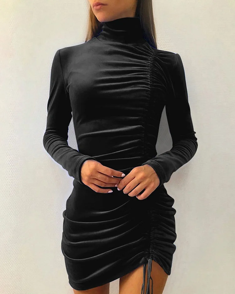 Stand-up Collar Long-sleeved Pleated Dress