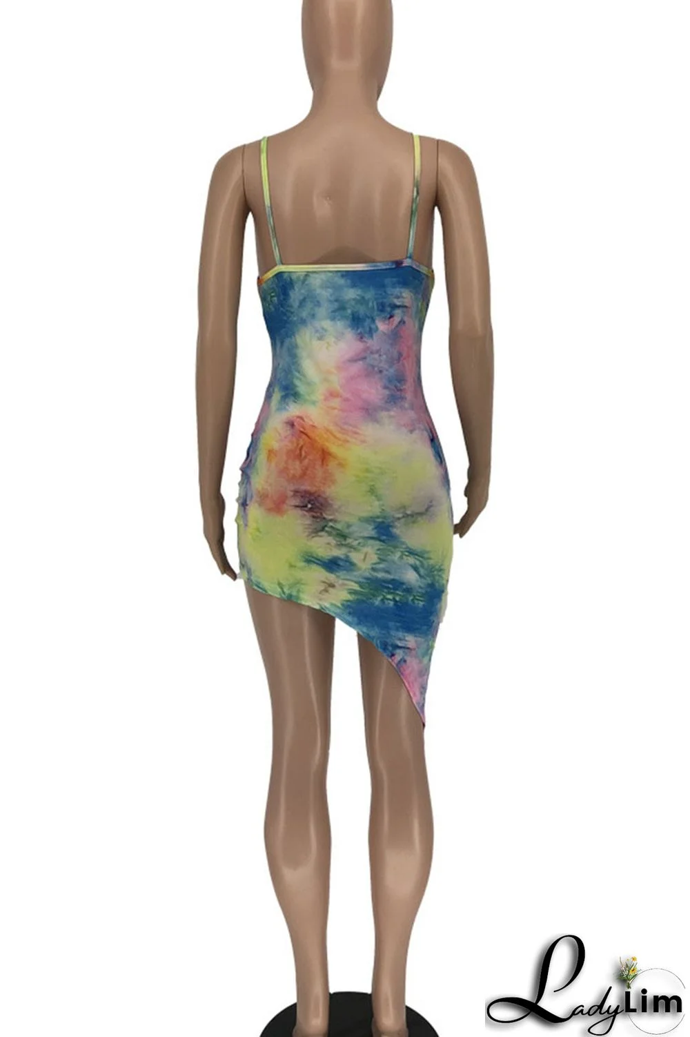Colour Sexy Print Patchwork Asymmetrical Spaghetti Strap Sling Dress Dresses