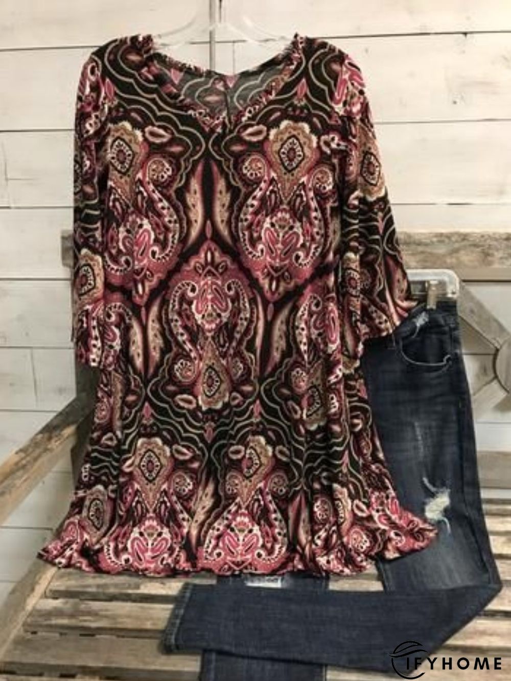 Casual 3/4 Sleeve V Neck Printed Tunic Top | IFYHOME