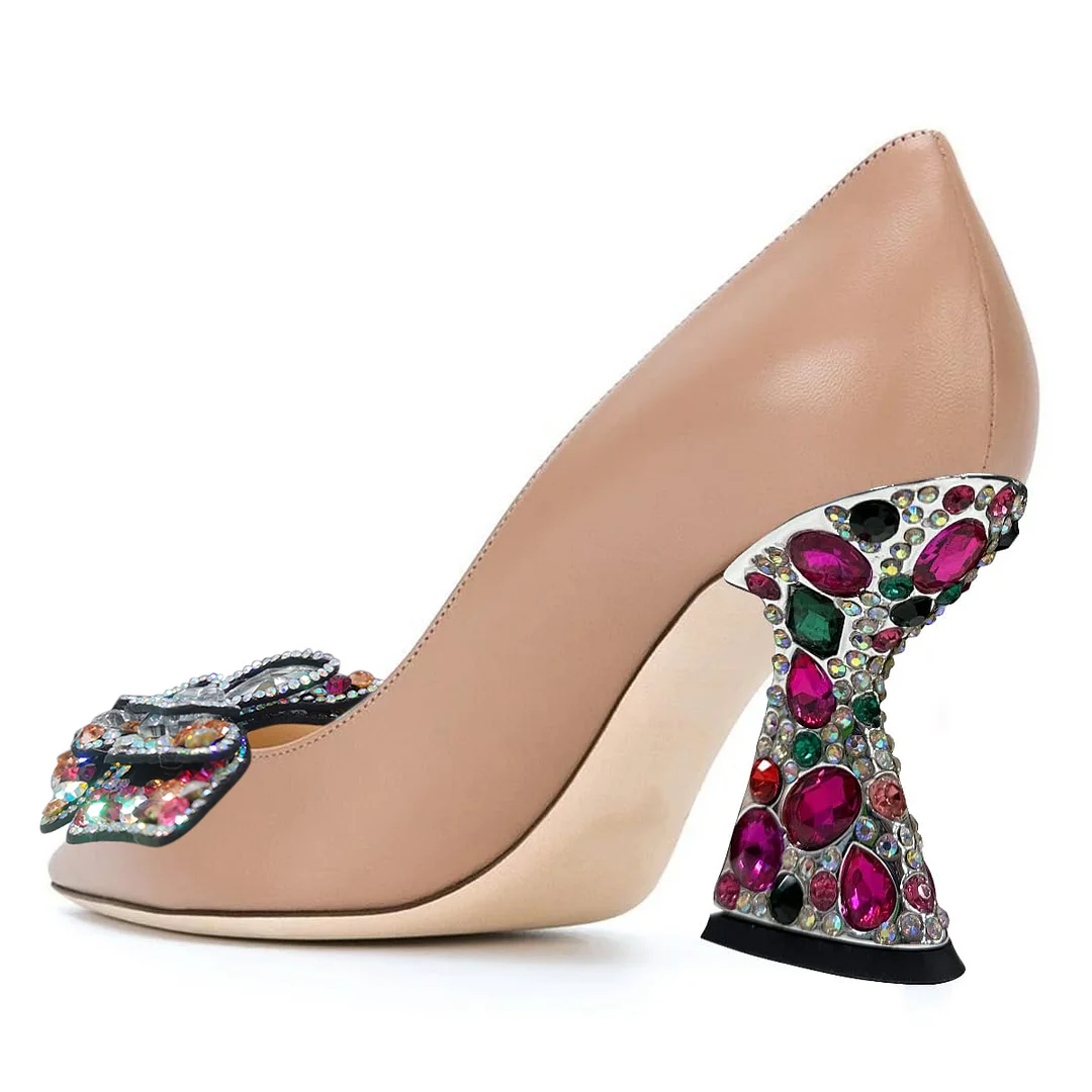 Nude Vegan Leather Pumps with Colorful Rhinestone Butterfly Inlay 