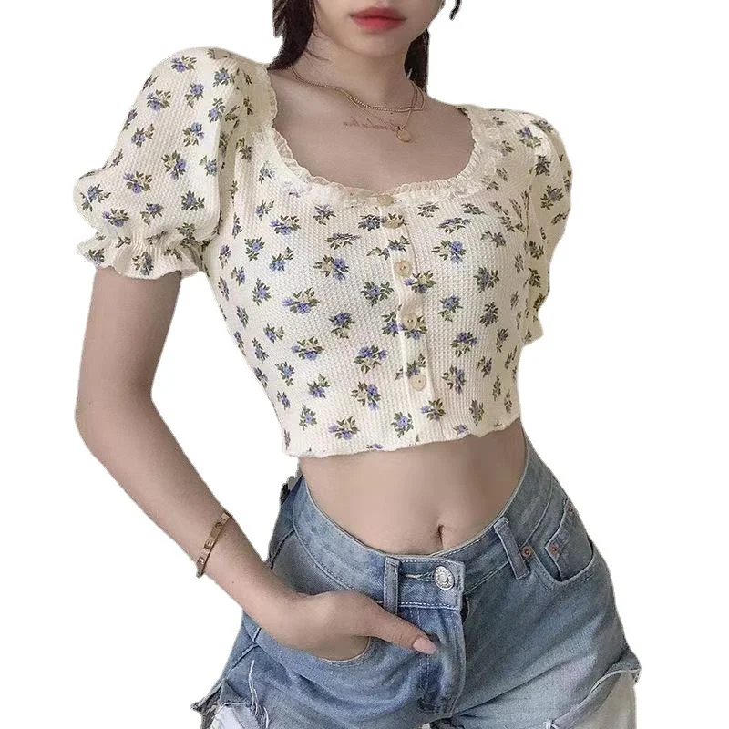 Uveng Uveng Summer Vintage Floral Short T-Shirt Women's Collar Puffed Sleeves Show Navel Top Fashion