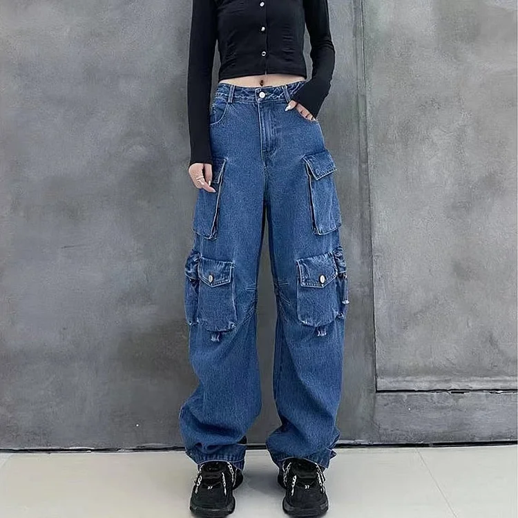 Vintage Loose High Waisted Pockets Straight Wide Leg Jeans