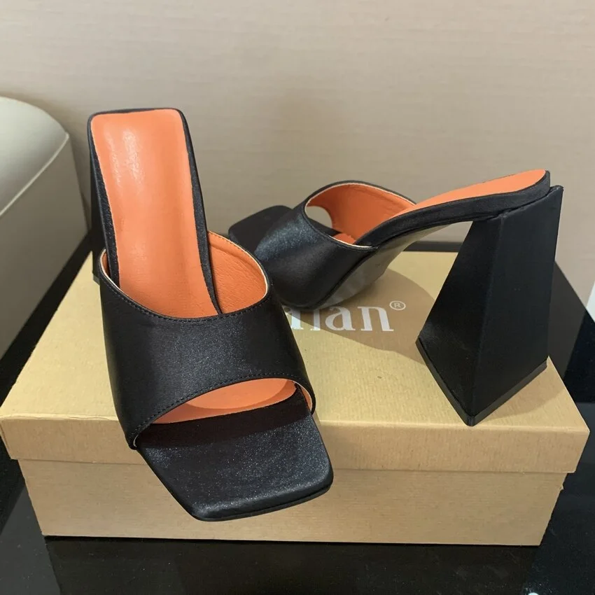 2022 Summer sandals women triangle thick mules high heels slippers sandals flip flops square toe slides party shoes woman
