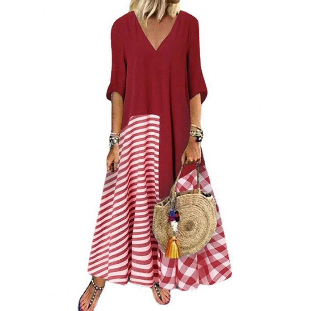 V-neck Half Sleeve Large Hem Casual Dress Plaid Striped Patchwork Long Dress Female Clothing 
