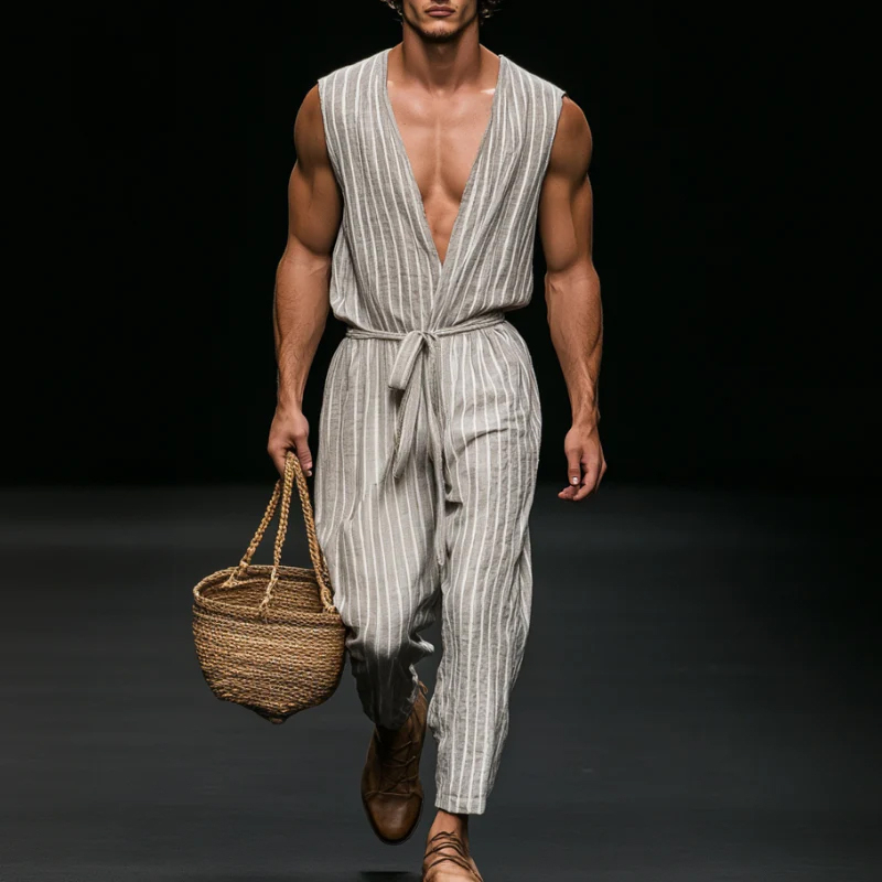 Men's Casual Breathable Cotton Linen Striped V-Neck Sleeveless Belted Loose Jumpsuit