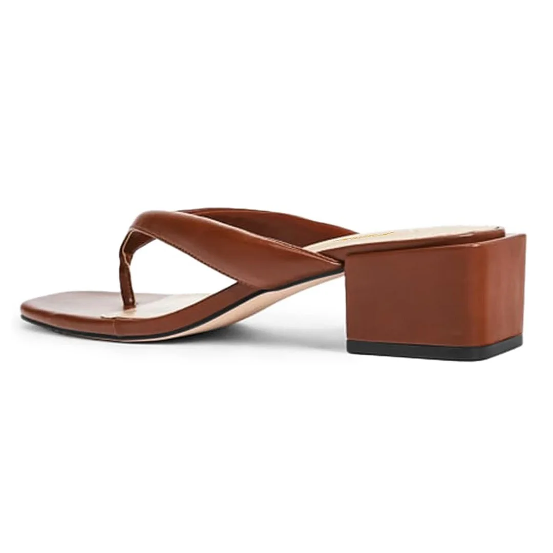 Brown Vegan Leather Open Square Toe Flip Flop Block Heel Slide Sandals