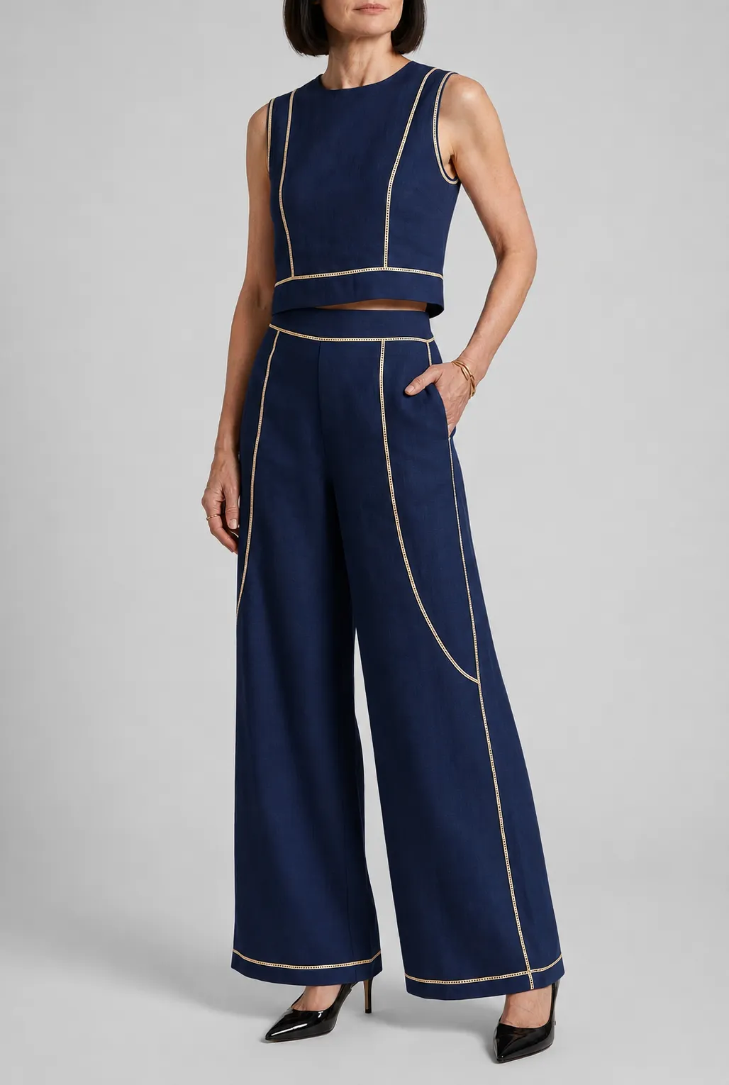 Structured Sleeveless Crop Top & Wide Leg Pants Set