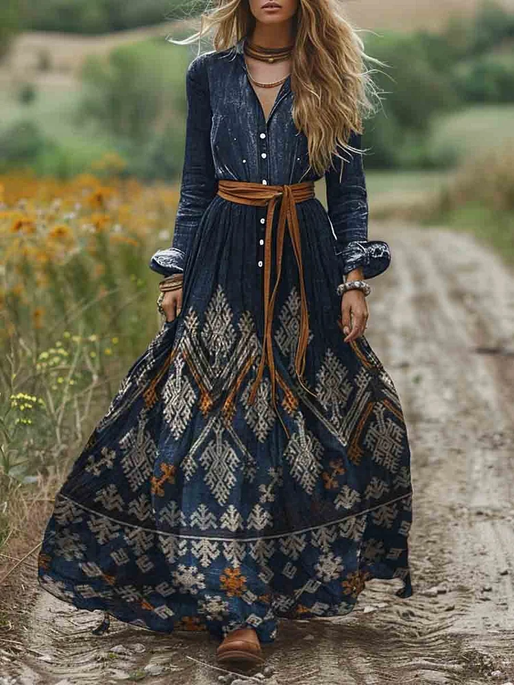 Women Shirt Collar Ethnic Pattern Positioning Print Pocket Long Sleeve Cotton Dress