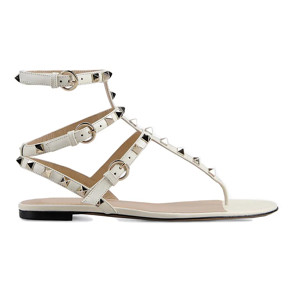 Women's Studded  T-Strap Strappy  Thong  Flats Sandals-vocosishoes