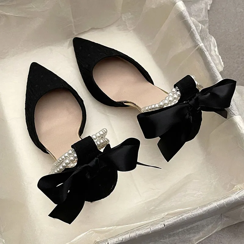 Breakj Breakj Word With High Heels Women 2025 Spring And Summer New Pointed Thin Heel Bow Head Hollow Sandals