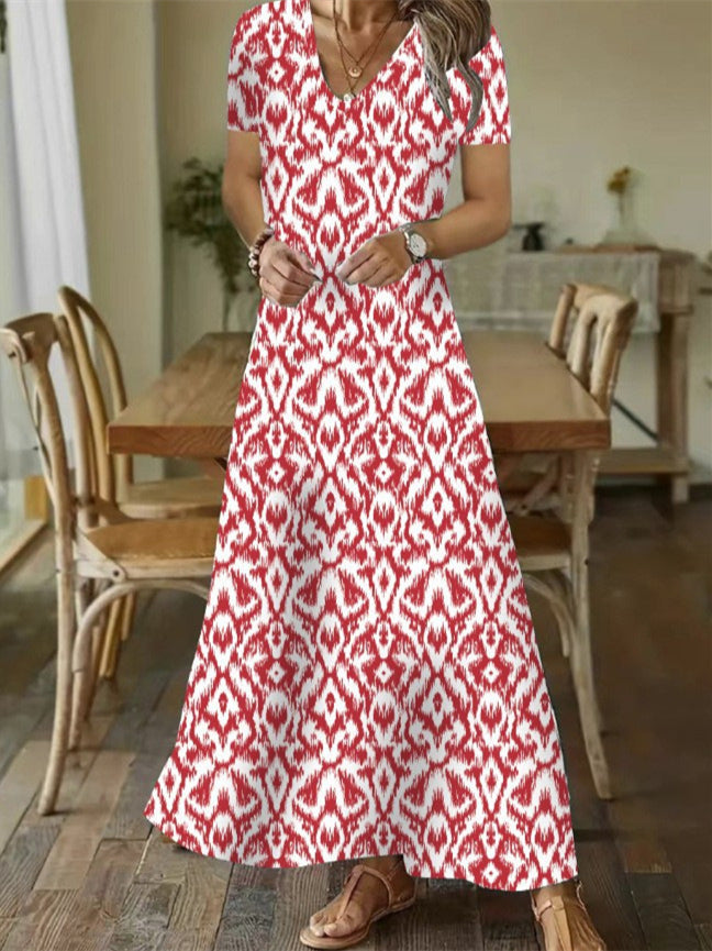 Women's Short Sleeve V-neck Floral Printed Maxi Dress